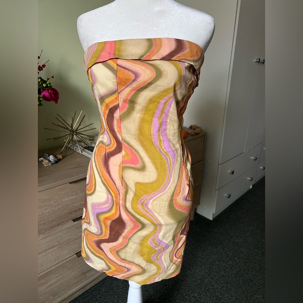 70s Groovy Swirl Pattern 98% Cotton Strapless Mini Tube Dress Corset Tie-Up Back